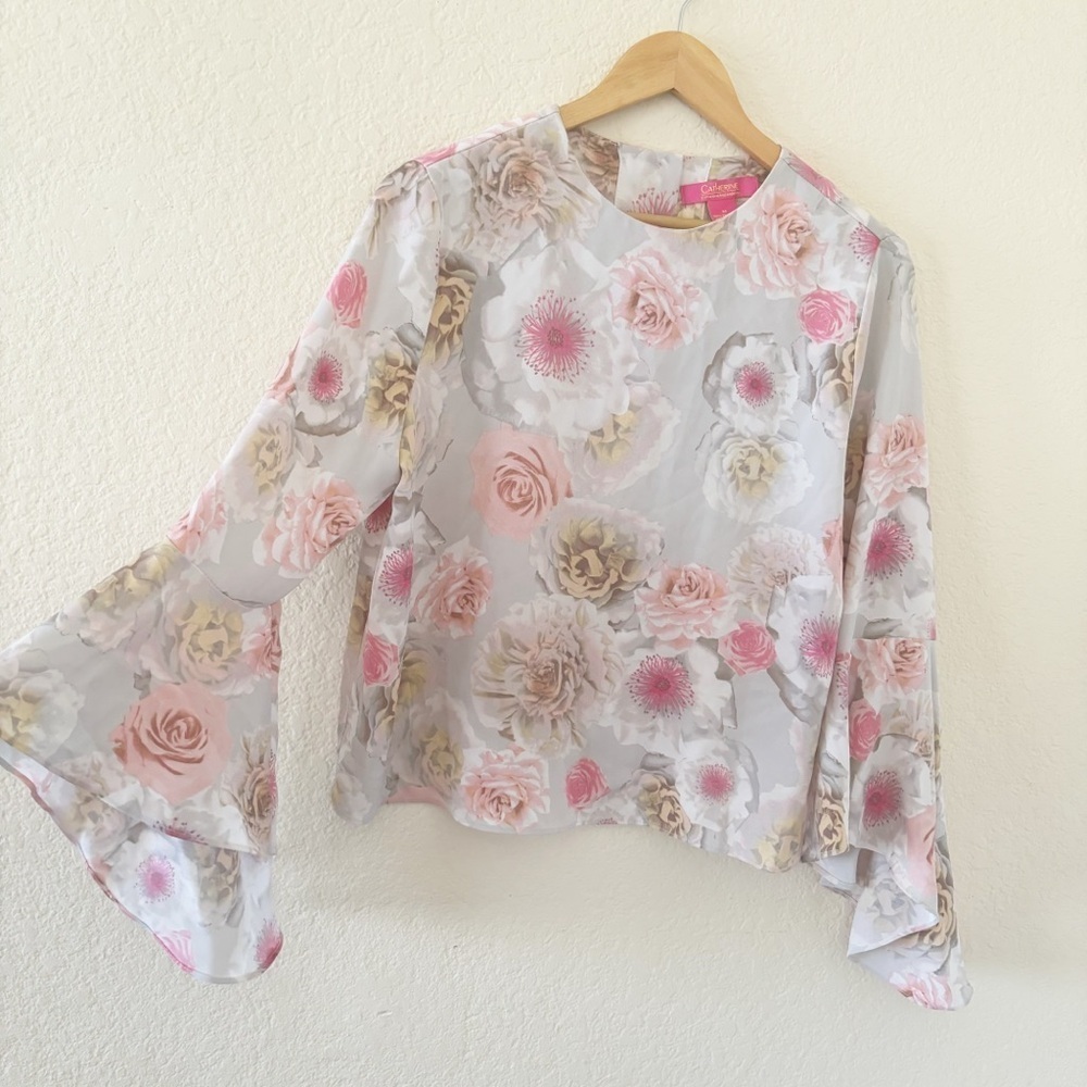 Catherine Malandrino Button Down Back Bell Sleeve Floral Print Blouse Size M